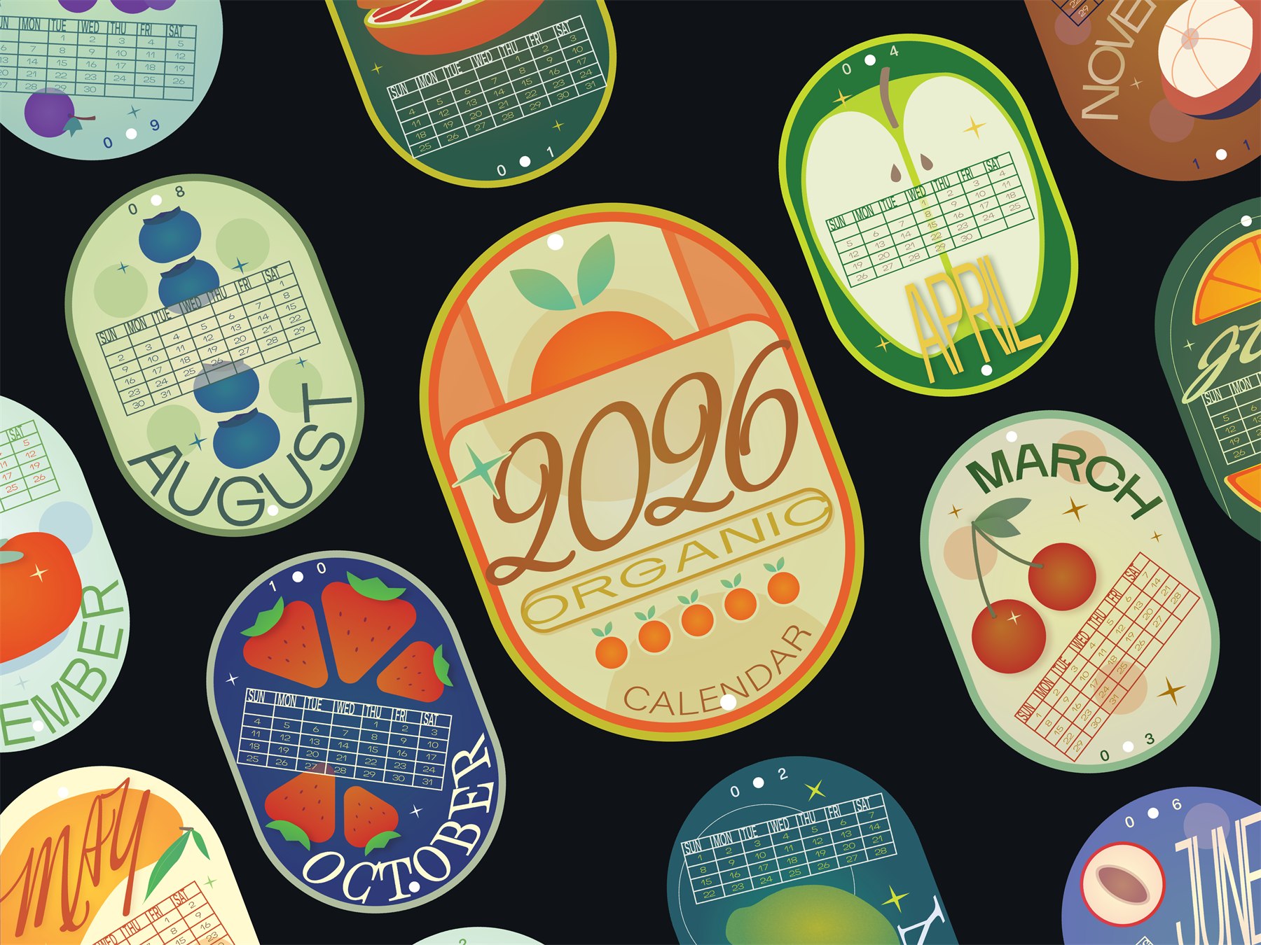 Fruit Sticker Calendar stickers arranged in a pattern